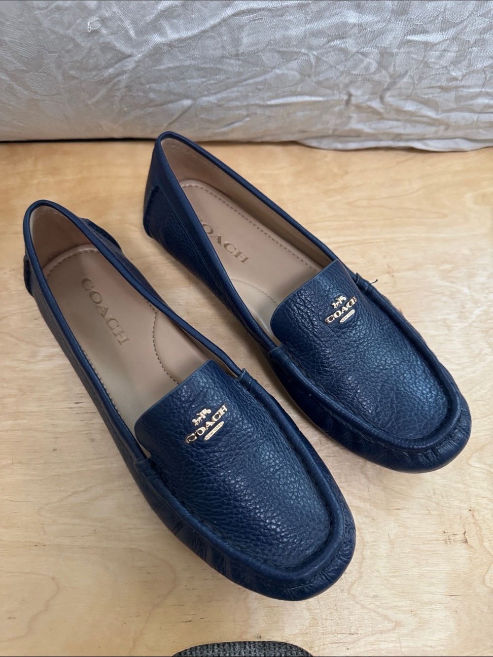 COACH Navy Pebbled Leather Slip-On Loafers with Gold Logo